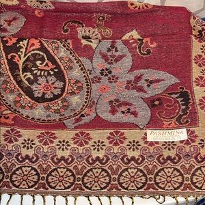 Pashmina Scarf Wrap Shawl Maroon and Gold Hues Fringe Cashmere Reversible
